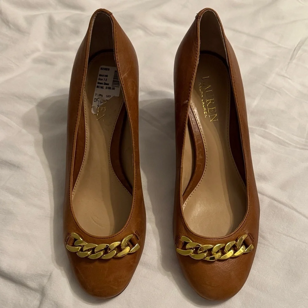 Lauren Ralph Lauren Brown Leather Pumps with Gold Chain Accent
